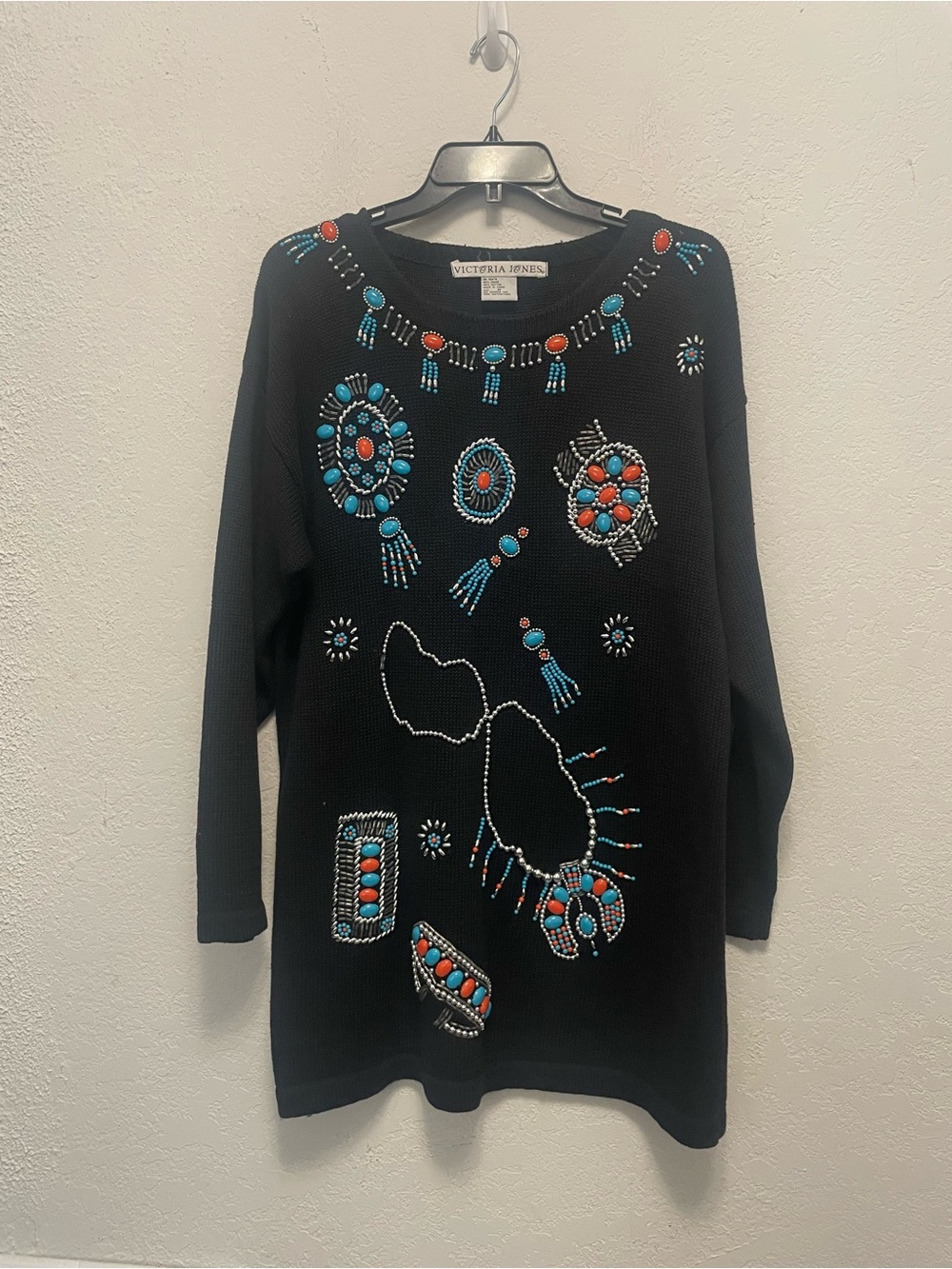 Vintage Victorias Jones Black Turquoise Beaded Southwestern Native Sweater M